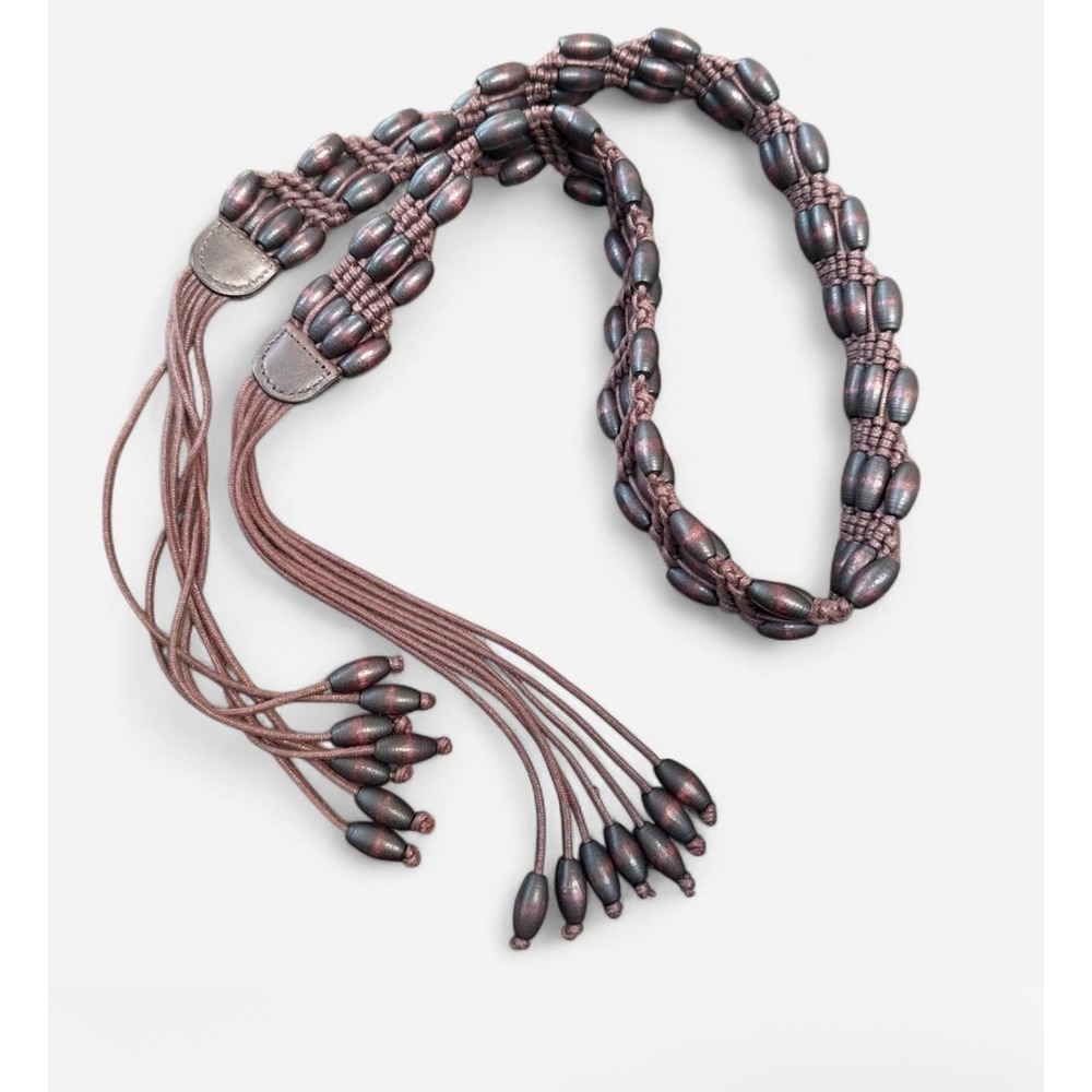 Boho Indie Beacy Wood Bead Macrame Tassel Fringe Tie Belt Women OS Brown